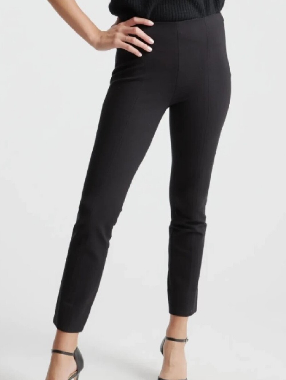 Quince Women's Black Ultra-Stretch Ponte Pants Pintuck Ankle Sz Small Side Zip